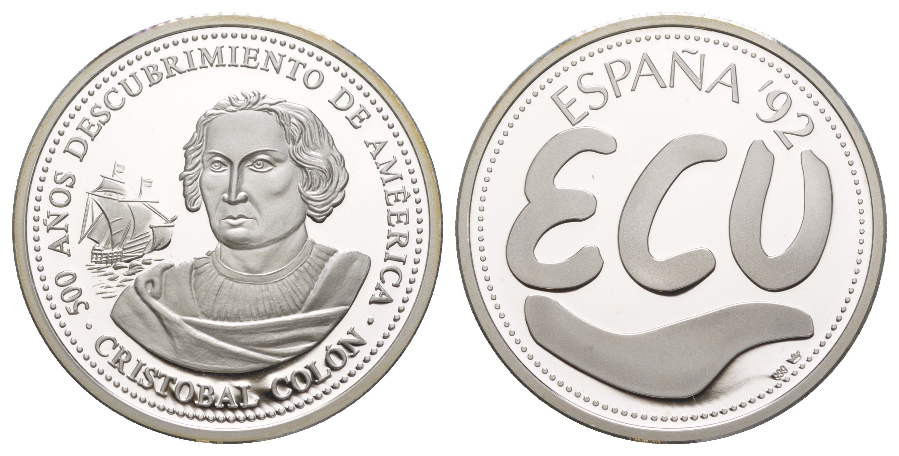 Испания 1 экю 1992 500 лет открытию Америки - Колумб, с сертификатом подлинности X M51 серебро PROOF 1083-5-64