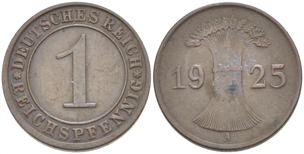 ГЕРМАНИЯ 1 РЕЙХСПФЕННИГ 1925 А KM 37, J 313 бронза 4532-526