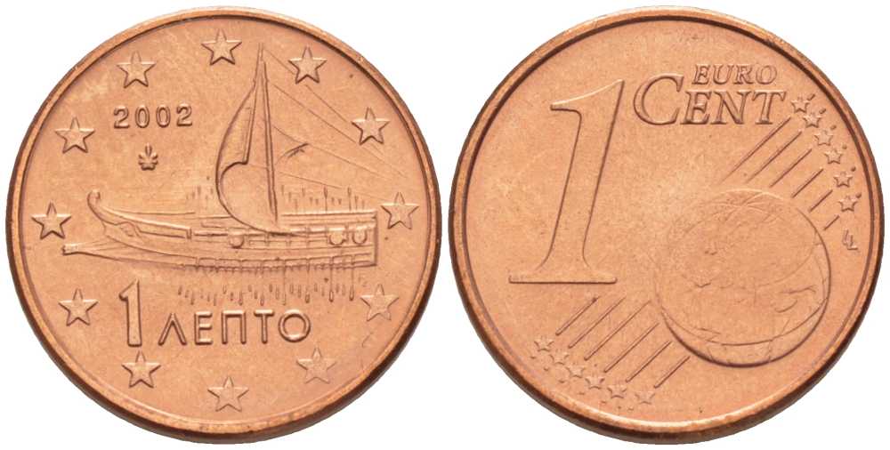 ГРЕЦИЯ 1 ЕВРОЦЕНТ 2002 KM 181 сталь плакированная медью UNC 214-338