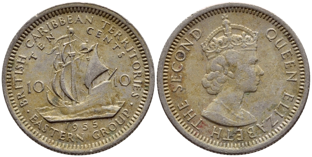 Британские Восточно-Карибские территории 10 центов 1955 Елизавета II (1952-2022), парусник KM 5 медно-никель 4387-224