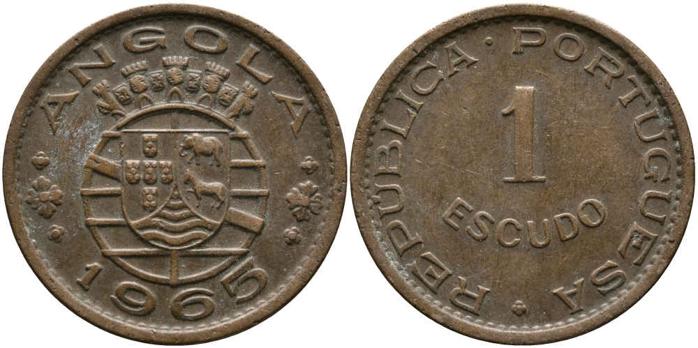 Португальская Ангола 1 эскудо 1965 KM 76 бронза 33-947