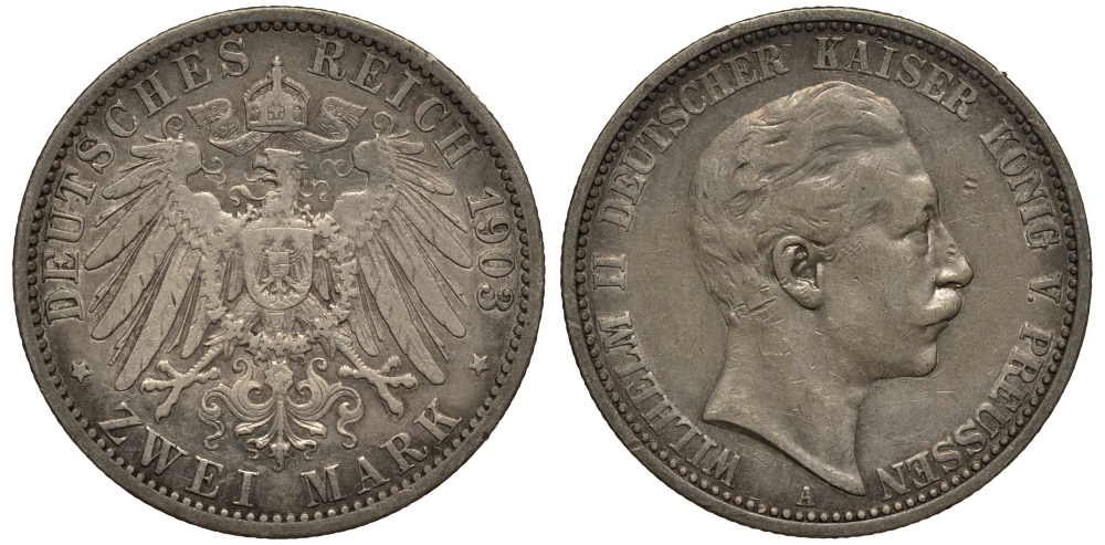Пруссия 2 марки 1903 A, Вильгельм II (1888-1918) J.102, Weege 101, KM 522 серебро 3711-725