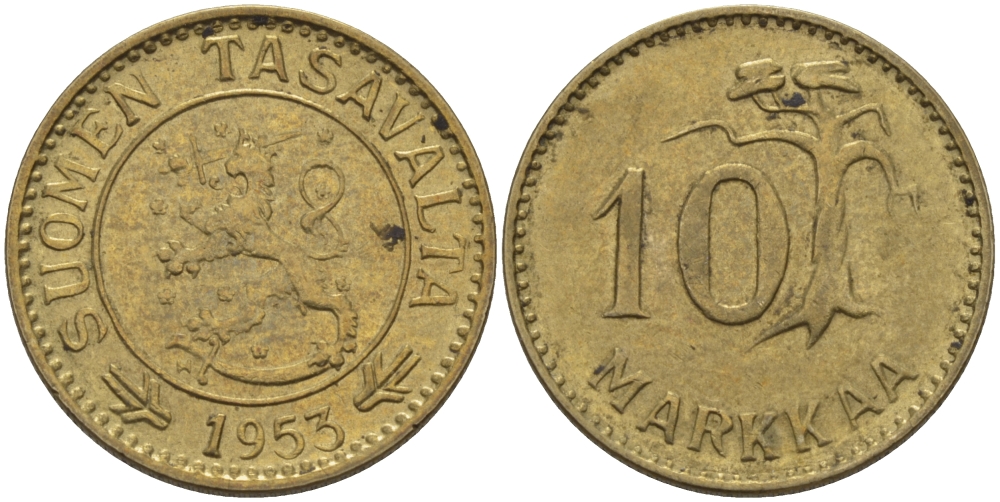 ФИНЛЯНДИЯ 10 МАРОК 1953 H KM 38 алюминиевая бронза 100-228