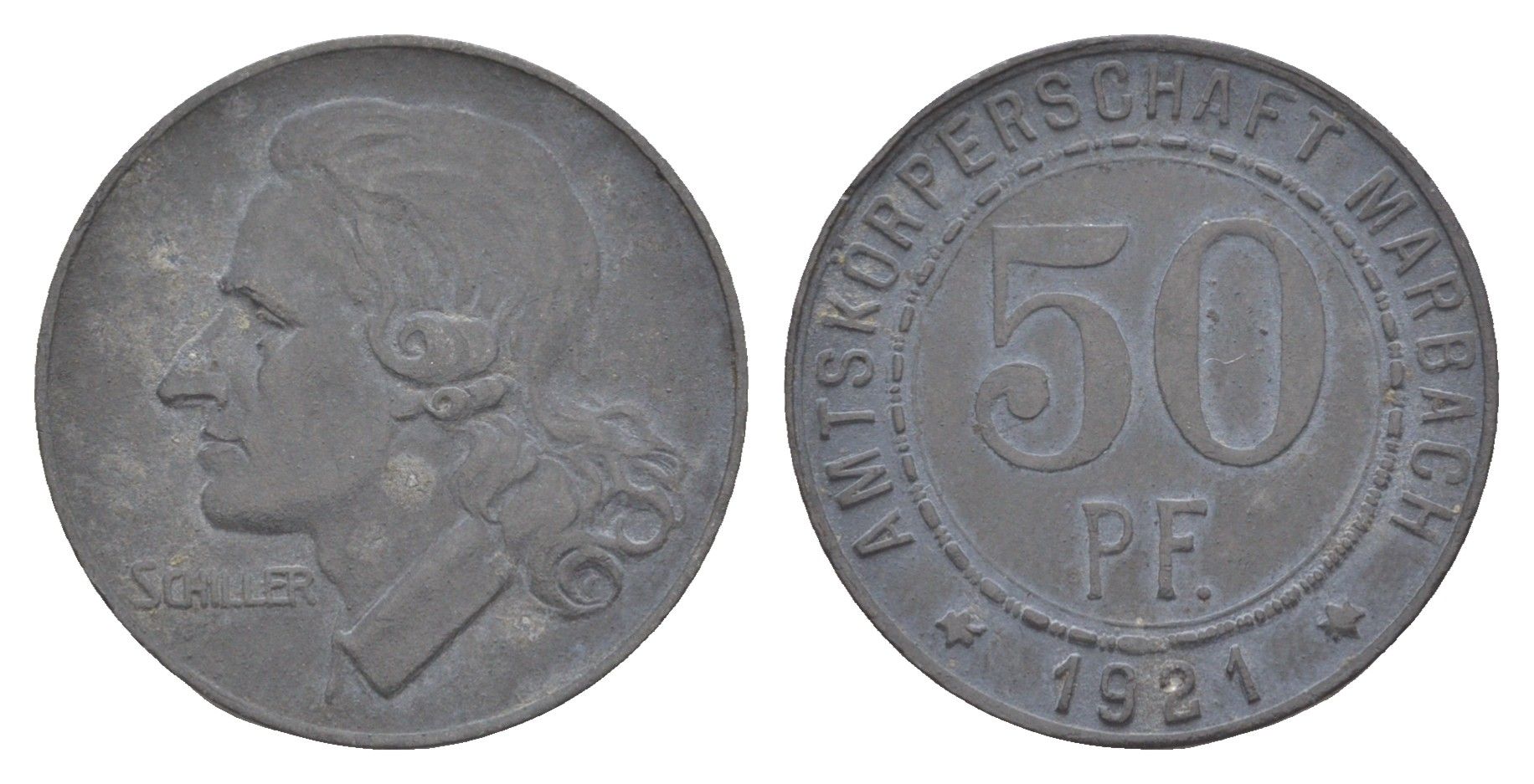 Марбах 50 пфеннигов 1921 Фридрих Шиллер Funck 316.3, Men05 16251.3, Men18 20385.3 цинк 4586-526