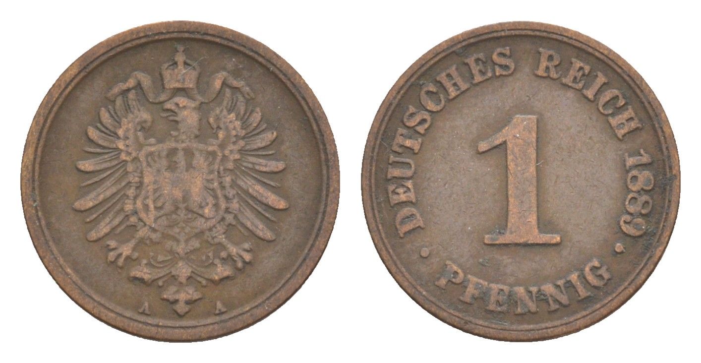 Германия 1 пфенниг 1889 A, Вильгельм II (1888-1918) KM 1, J. 1 медь 4639-1066