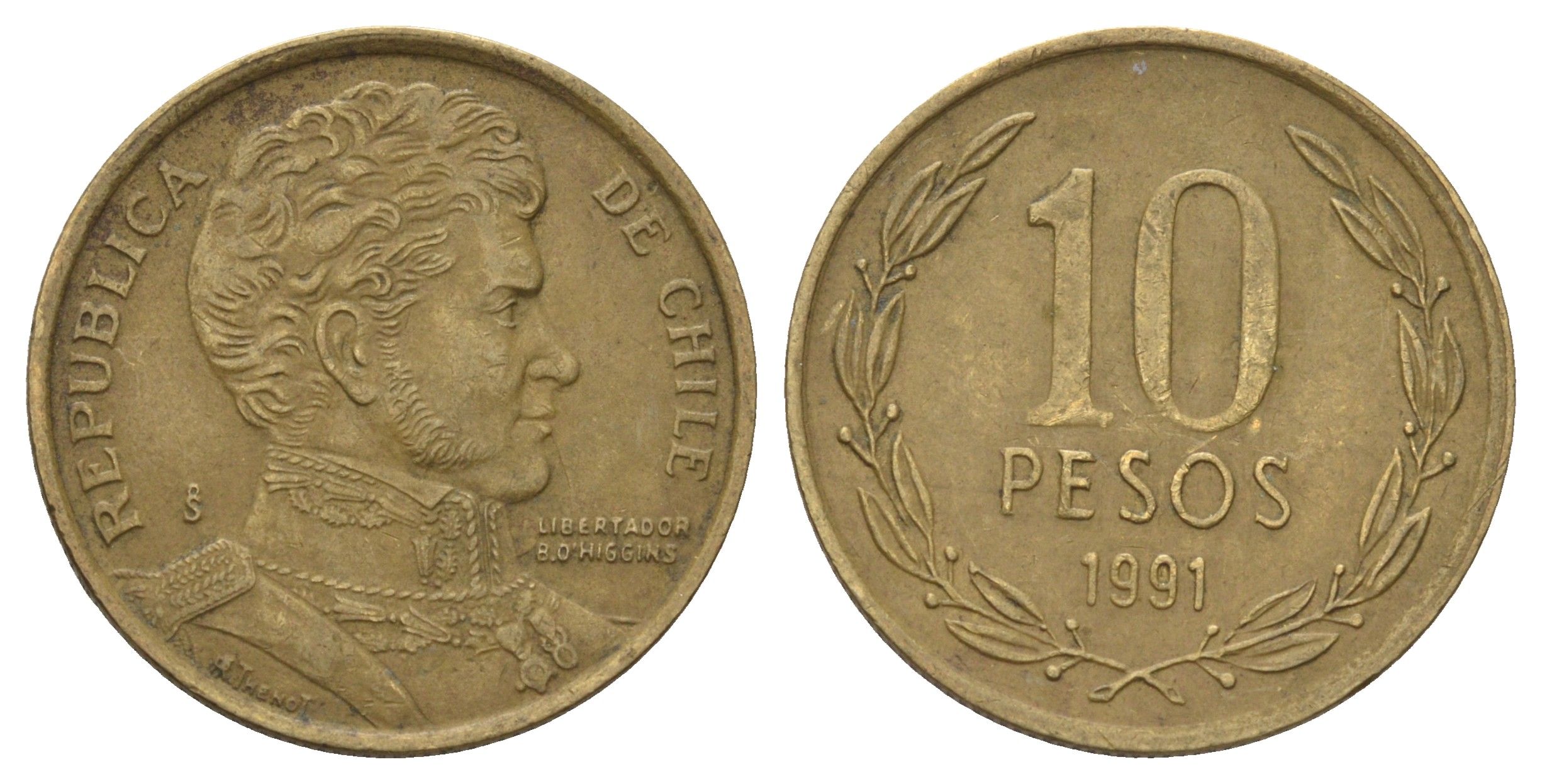 Чили 10 песо 1991 KM 228 никель латунь 4155-143