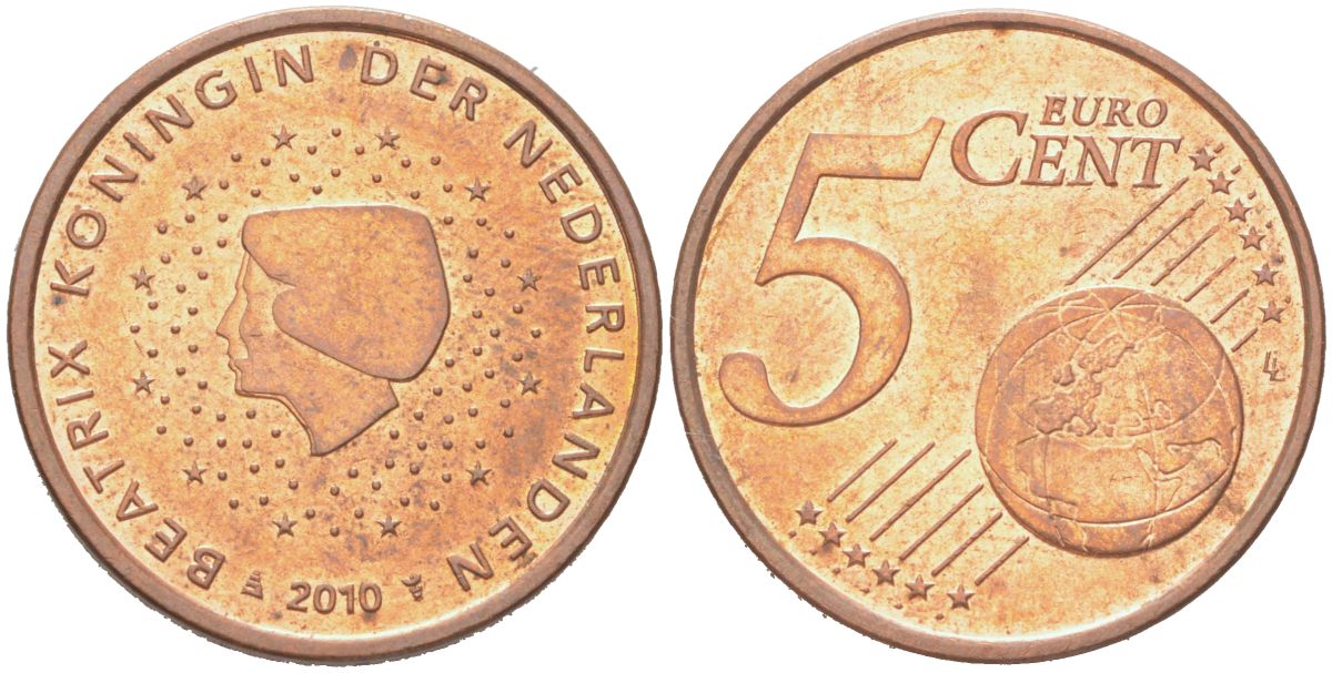 Нидерланды 5 евроцентов 2010 KM 236 сталь плакированная медью UNC 4614-738