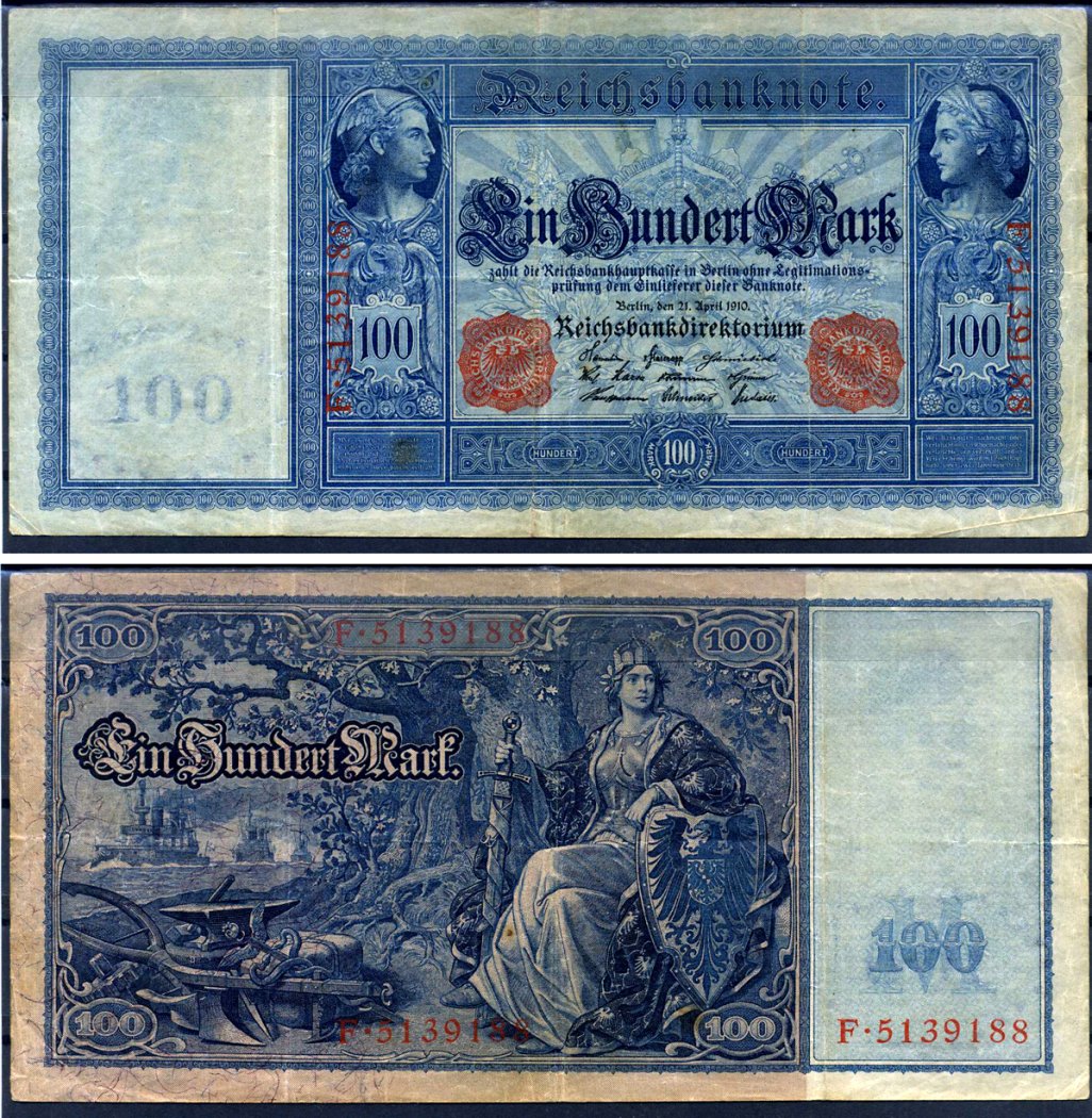 Германия 100 марок 1910 21 апреля 1910, красная печать, Меркурий и Церера, голубая бумага Pick 42 (2) бумага 2194-34-1-2