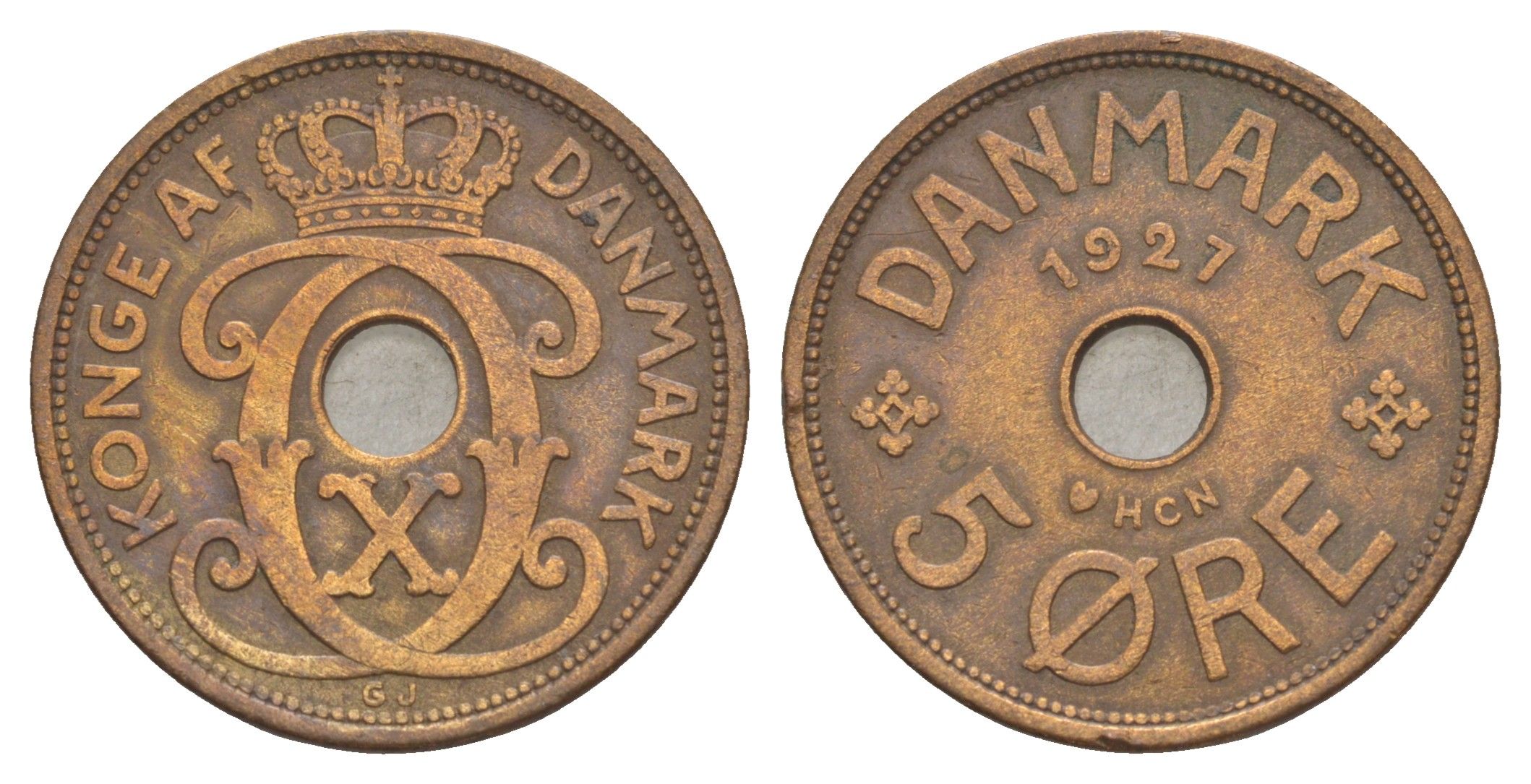 Дания 5 эре 1927 HCN, Кристиан X (1912-1947) KM 828 бронза 4638-552