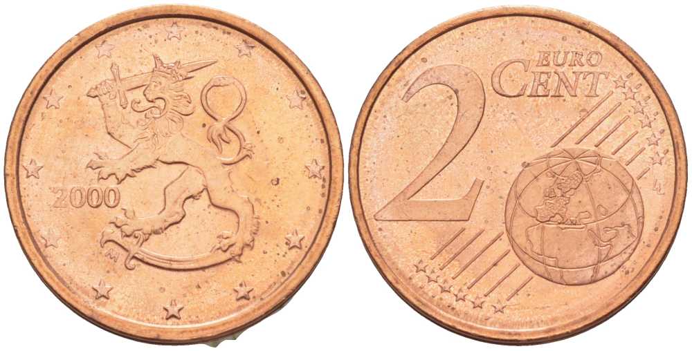 ФИНЛЯНДИЯ 2 ЕВРОЦЕНТА 2000 M KM 99 сталь плакированная медью UNC 214-316