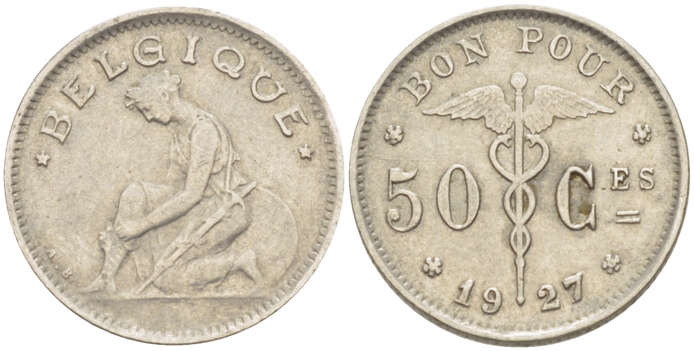 БЕЛЬГИЯ 50 САНТИМОВ 1927 BELGIQUE KM 87 никель 261-1614