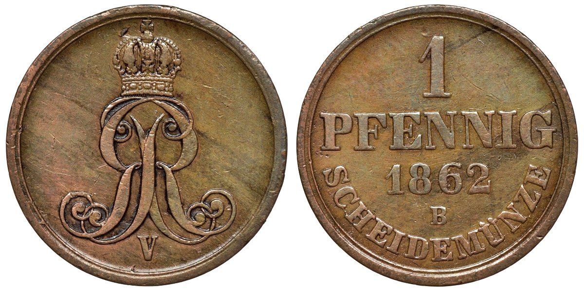 Ганновер 1 пфенниг 1862 B, Георг V KM 233, AKS 156, J. 90 медь 4594-459