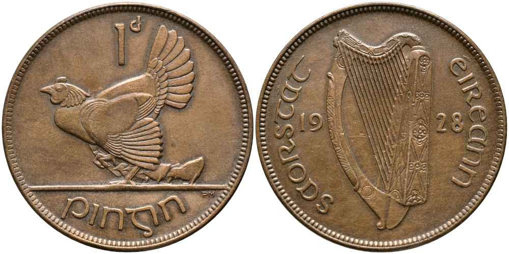 Ирландия 1 пенни 1928 курица с цыплятами KM 3 бронза 4382-612