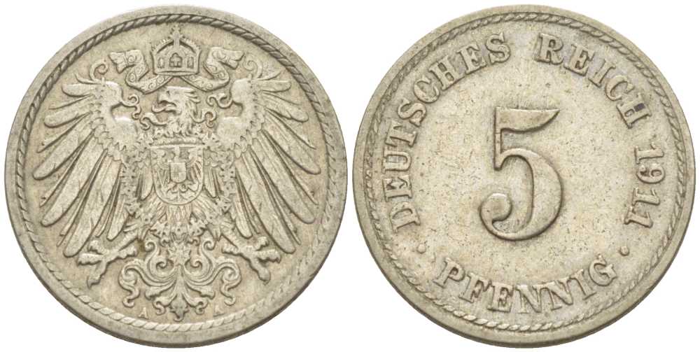 Германия 5 пфеннигов 1911 A KM 11, J. 12, Weege 6 медно-никель 206-968