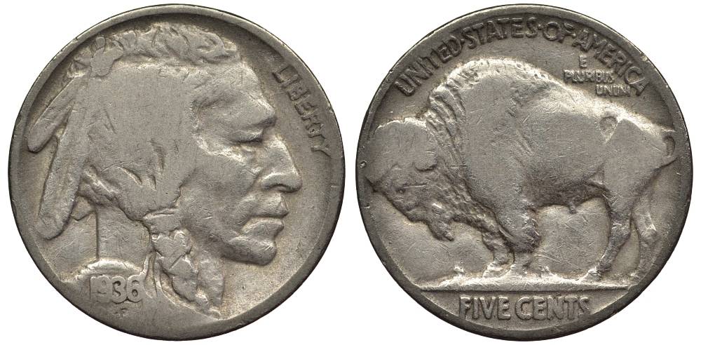 США 5 ЦЕНТОВ 1936 ИНДЕЕЦ, БИЗОН KM 134 медно-никель 27-651