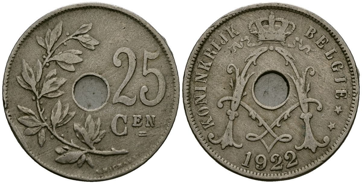 Бельгия 25 сантимов 1922 Belgie KM 69 медно-никель 4165-832