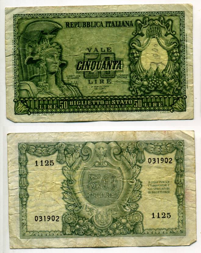 Италия 50 лир 1951 Афина Pick 91a бумага 7457-49-4-1