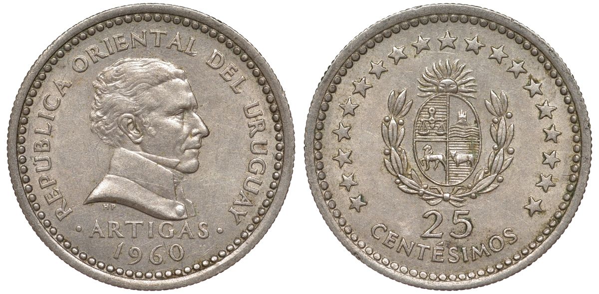 Уругвай 25 сентесимо 1960 KM 40 медно-никель 4580-1161