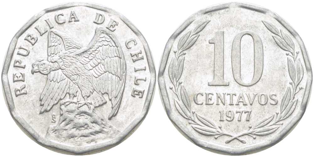 Чили 10 сентаво 1977 KM 205a алюминий 4402-347