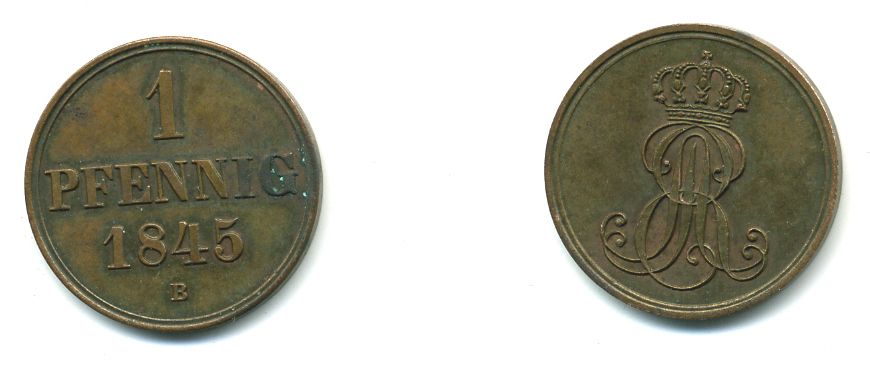 Ганновер 1 пфенниг 1845 B, Эрнст Август (1837-1851) KM 201.1, AKS 129, J. 74 медь 35-816