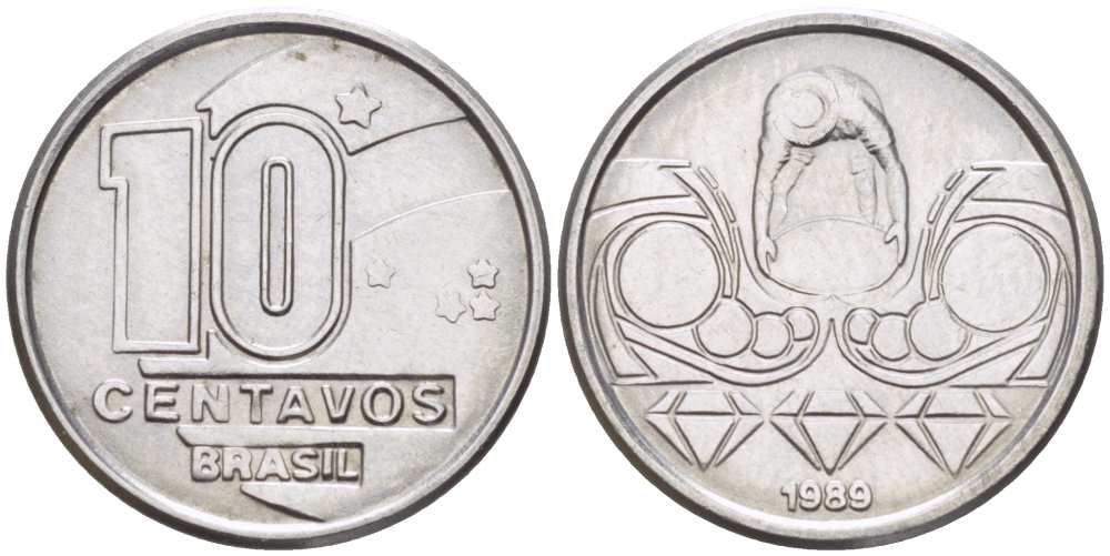 Бразилия 10 сентаво 1989 золотодобыча KM 613 нержавеющая сталь 4516-515