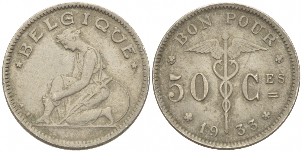 БЕЛЬГИЯ 50 САНТИМОВ 1933 BELGIQUE KM 87 никель 261-1642