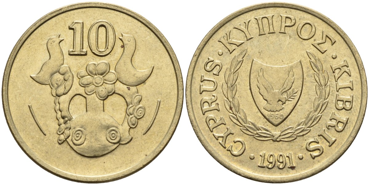 Кипр 10 центов 1991 KM 56.3 никель латунь 4141-1157