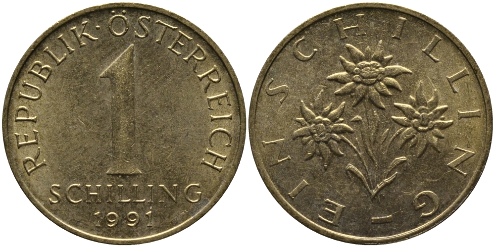 АВСТРИЯ 1 ШИЛЛИНГ 1991 KM 2886 алюминиевая бронза 33-544