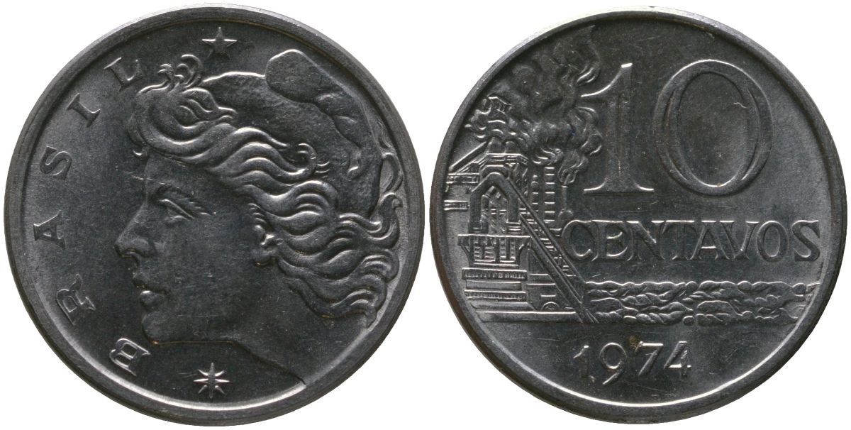 Бразилия 10 сентаво 1974 KM 578.1a, Schon 83b нержавеющая сталь UNC 4577-546