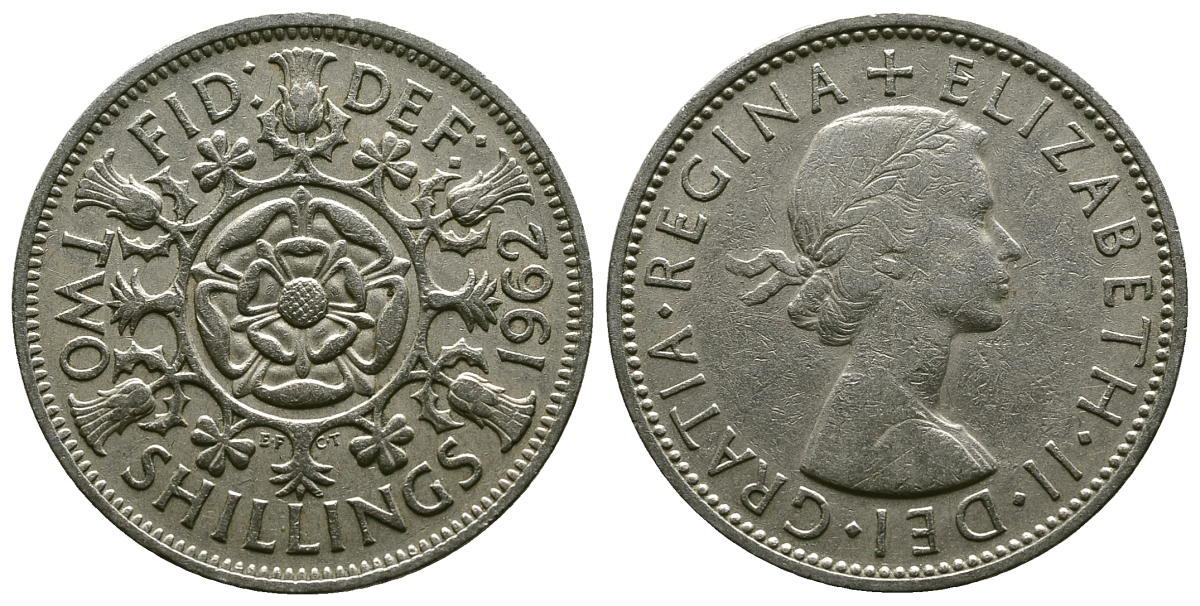 Великобритания 2 шиллинга (флорин) 1962 Елизавета II (1952-2022) KM 906, Spink 4146 медно-никель 4382-343