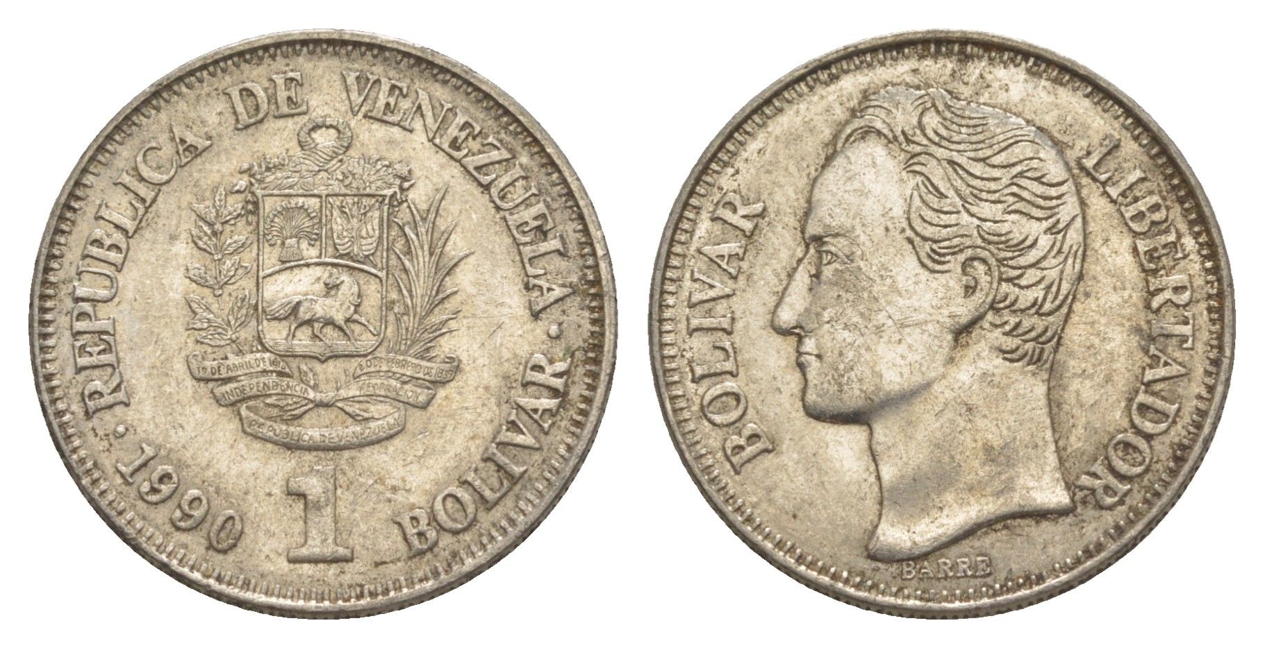 Венесуэла 1 боливар 1990 Симон Боливар, толстый шрифт Y 52a.2 сталь плакированная никелем 4591-1052