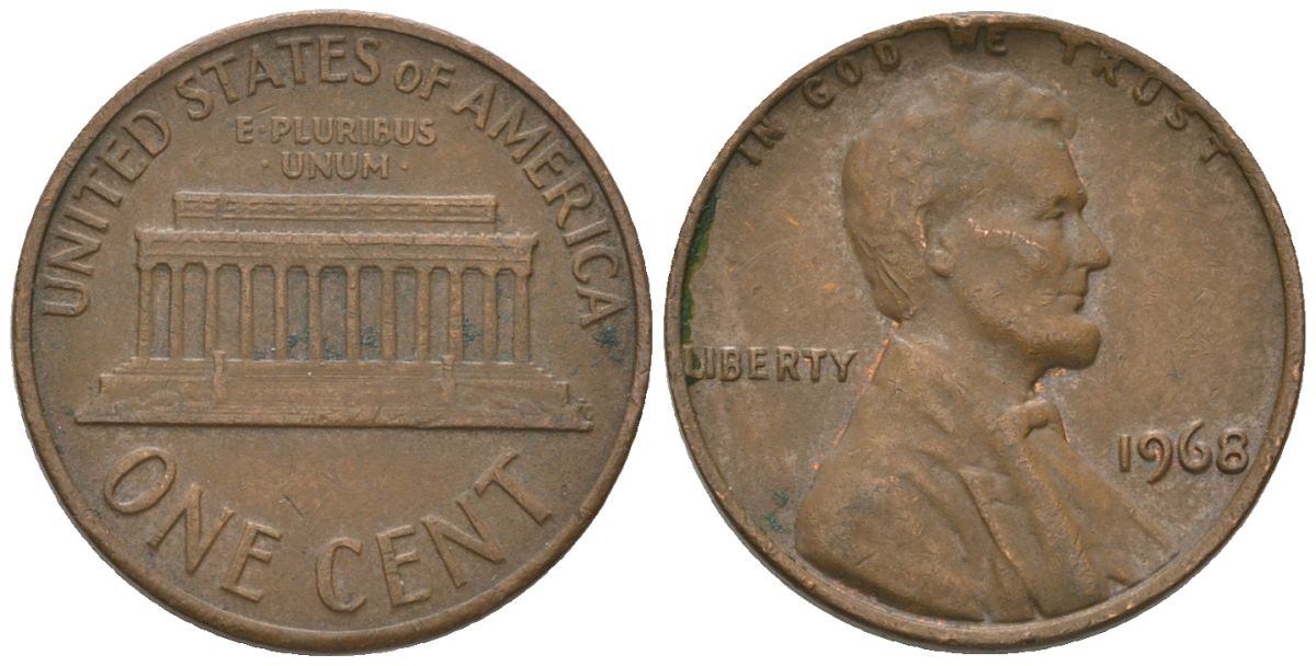США 1 цент 1968 Линкольн KM 201 медь цинк 4567-949