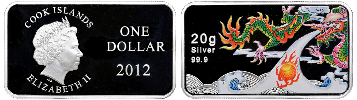 Острова Кука 1 доллар 2012 год дракона, дракон изрыгающий пламя, цветная эмаль KM NEW серебро PROOF 11-077-23