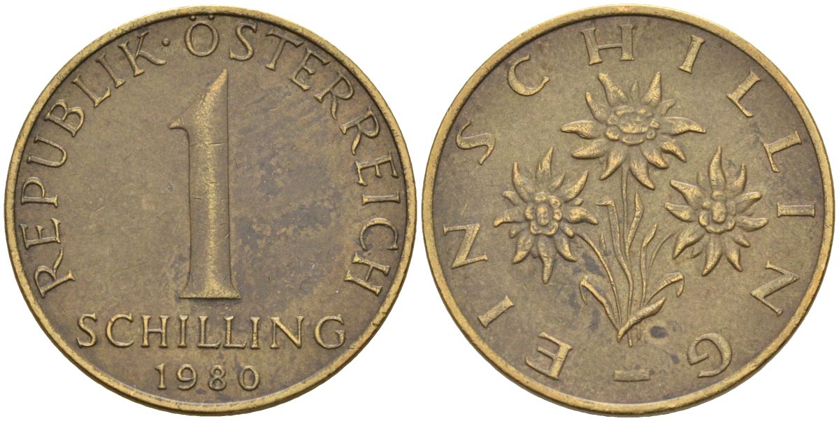 Австрия 1 шиллинг 1980 KM 2886 алюминиевая бронза 4592-1017