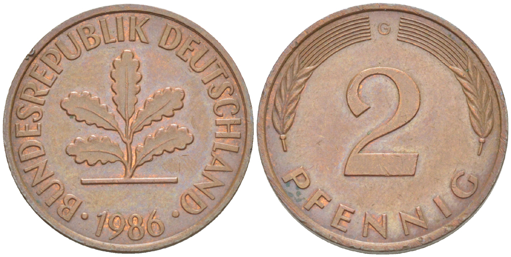 ФРГ 2 ПФЕННИГА 1986 G KM 106а, J. 381а сталь плакированная сталь плакированная медьюю 4181-849