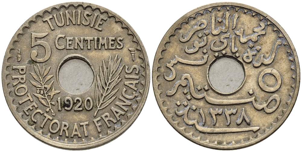 Тунис 5 сантимов 1920 A KM 242 никель латунь     4514-1153