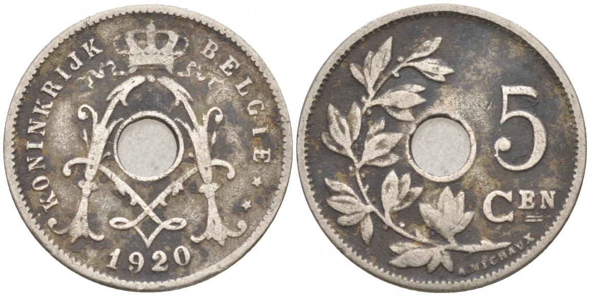 БЕЛЬГИЯ 5 САНТИМОВ 1920 BELGIE KM 67 медно-никель 4549-1137