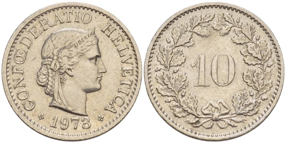 Швейцария 10 раппенов 1973 KM 27 медно-никель 4528-631