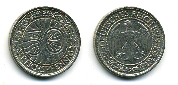 Германия 50 рейхспфеннигов 1929 А KM 49, J. 324 никель 58-542