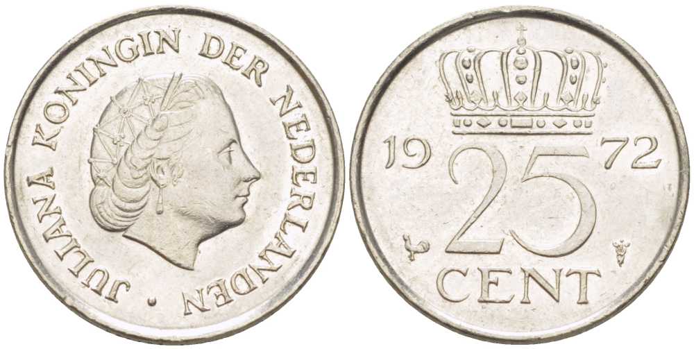 Нидерланды 25 центов 1972 Юлиана (1948-1980) KM 183 никель 214-965