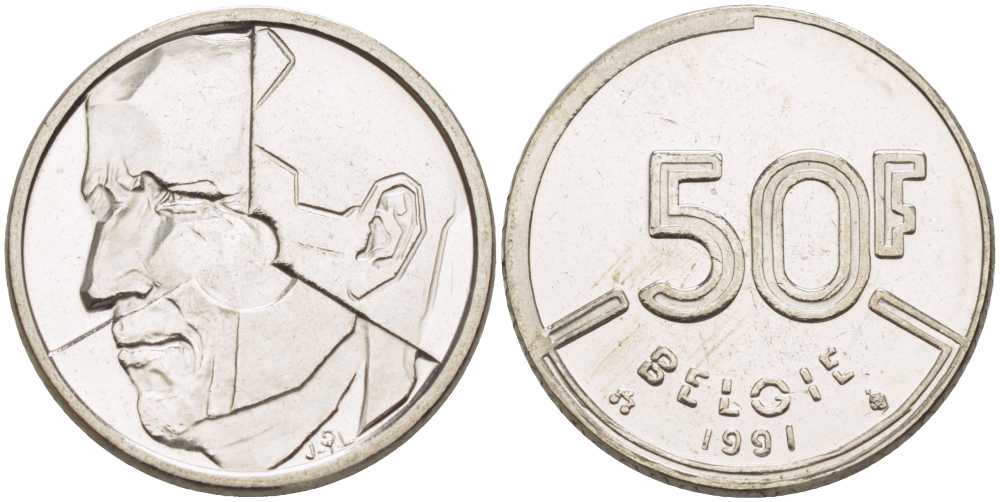БЕЛЬГИЯ 50 ФРАНКОВ 1991 BELGIE, БОДУЭН I (1951-1993) KM 169 никель 4385-1031