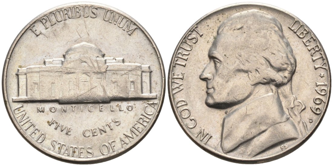 США 5 центов 1969 D, Джефферсон KM А192 медно-никель 92-1143