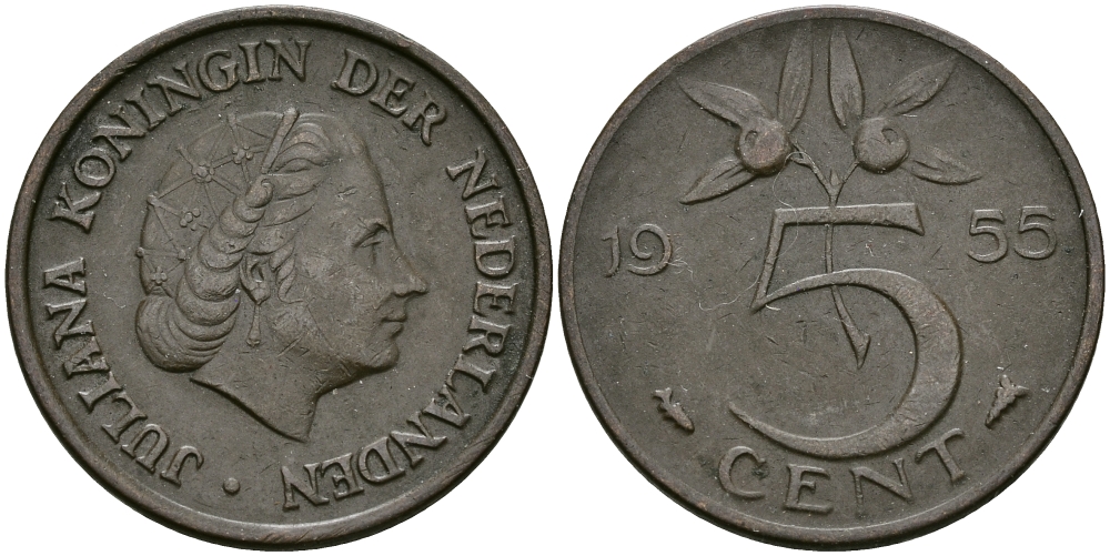 НИДЕРЛАНДЫ 5 ЦЕНТОВ 1955 ЮЛИАНА KM 181 бронза 95-317