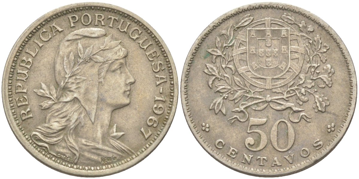 Португалия 50 сентаво 1967 голова Свободы вправо KM 577 медно-никель 219-857