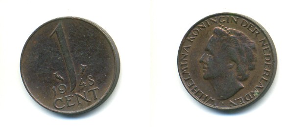 Нидерланды 1 цент 1948 Вильгельмина (1890-1948), год тип KM 175 бронза UNC 80-937