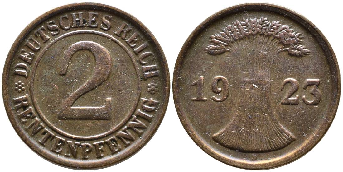ГЕРМАНИЯ 2 РЕНТЕНПФЕННИГА 1923 D, ВЕЙМАРСКАЯ РЕСПУБЛИКА (1919-1933) KM 31, Jager 307, Weege 3 бронза 4546-752