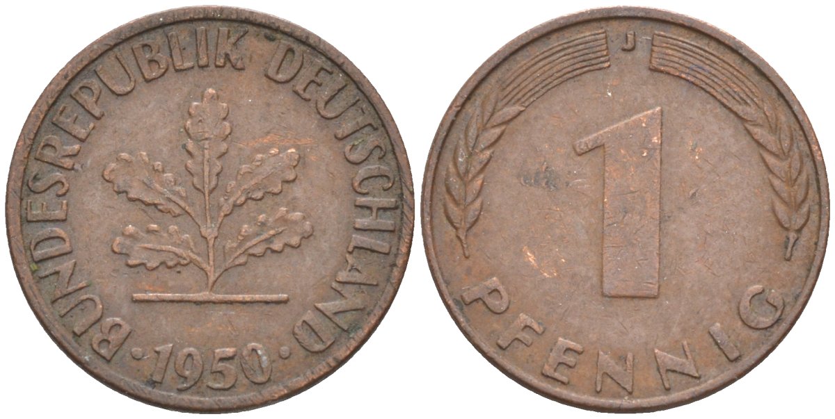 ФРГ 1 пфенниг 1950 J KM 105, J.380 сталь плакированная медью 187-426