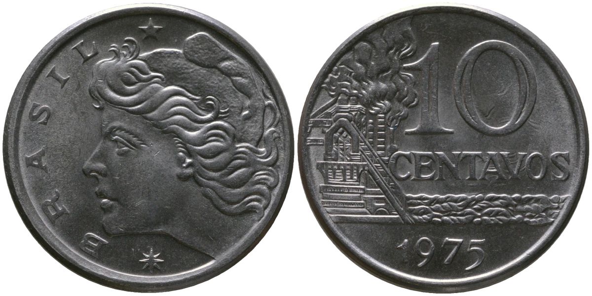 Бразилия 10 сентаво 1975 KM 578.1a, Schon 83b нержавеющая сталь UNC 4577-547