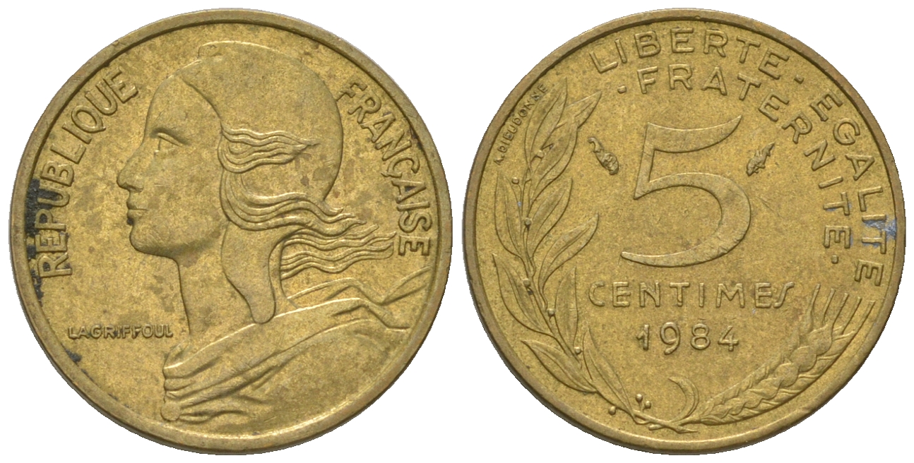 Франция 5 сантимов 1984 тип Марианна KM 933 медь алюминий никель 4668-1222