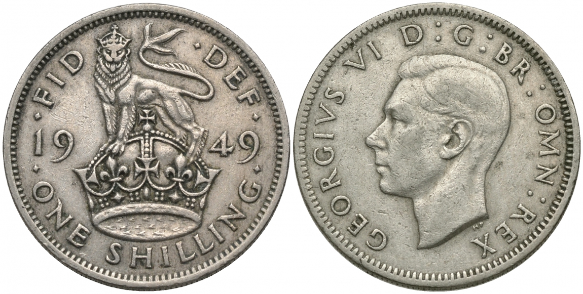 Великобритания 1 шиллинг 1949 Георг VI (1936-1952), Английский герб KM 876, Spink 4108 медно-никель 51-2636